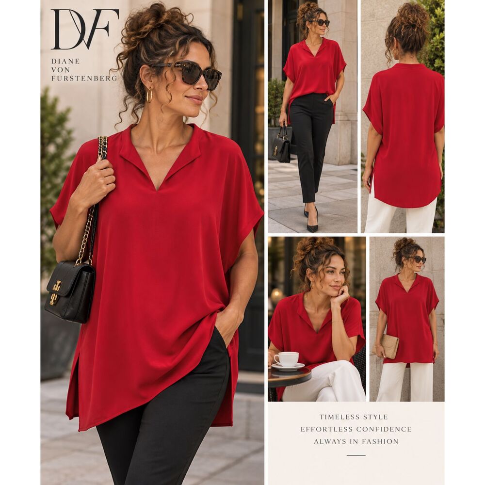 Diane von Furstenberg DVF Red Tunic Blouse Dolman Sleeve V Neck Designer Top